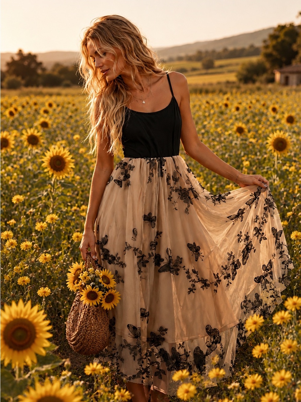 Elegant Black and Cream Floral Dress